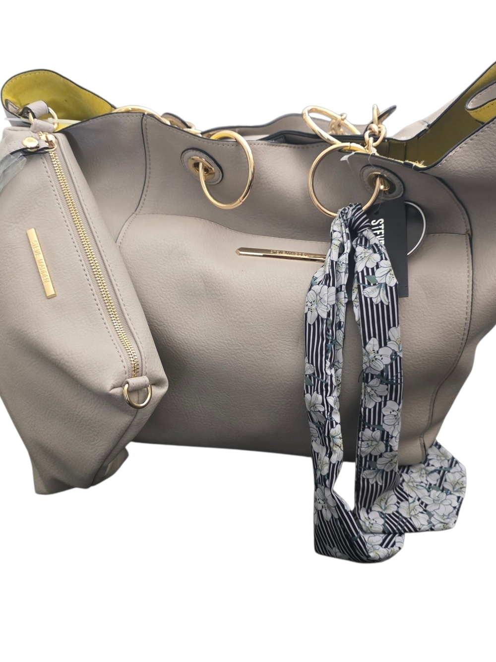 Steve Madden Gray Bwilde Flat Tote with Gold Ring Hardware and Scarf Accent